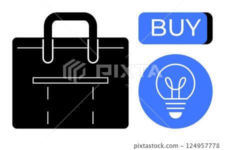Black briefcase, blue BUY button, and a light bulb inside a blue circle promoting commerce and innovation. Ideal for business strategy, e-commerce, digital marketing, entrepreneurship, online 124957778
