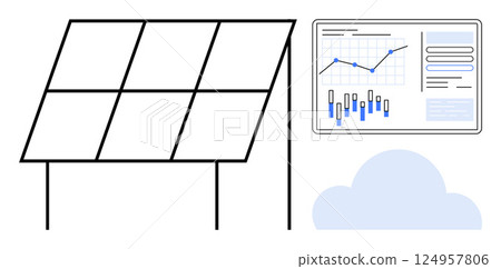Solar panel generating energy with data analytics dashboard displaying graphs and charts, cloud at the base. Ideal for renewable energy, sustainability, data analytics, tech innovation, climate 124957806