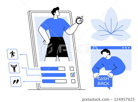 A person in athletic wear stands in a large mobile device with health and fitness icons and progress bars. Another person holds a cashback sign. Ideal for health and fitness, technology, apps A person in athletic wear stands in a large mobile device with health and fitness icons and progress bars. Another person holds a cashback sign. Ideal for health and fitness, technology, apps 124957825