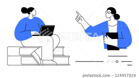 Female student sitting on stacked books while using a laptop, engaged in listening to female teacher holding a book and giving instructions. Ideal for education, learning, teaching, e-learning 124957829
