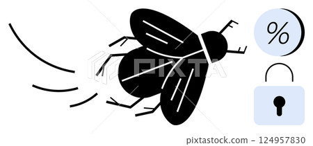 Black flying insect, large circle with percentage symbol, and lock icon. Ideal for finance, cybersecurity, savings, risk management, insect biology, data protection, security planning. Line metaphor Black flying insect, large circle with percentage symbol, and lock icon. Ideal for finance, cybersecurity, savings, risk management, insect biology, data protection, security planning. Line metaphor 124957830