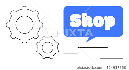 Two interconnected gears next to a blue speech bubble with Shop text. Ideal for business, marketing, e-commerce, shopping cart setup, and online store promotion. Simple clean design Two interconnected gears next to a blue speech bubble with Shop text. Ideal for business, marketing, e-commerce, shopping cart setup, and online store promotion. Simple clean design 124957868
