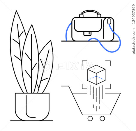 Plant in pot, business briefcase with strap, and digital shopping cart with cube. Ideal for business, e-commerce, digital transactions, modern lifestyle, work-life balance, productivity, online Plant in pot, business briefcase with strap, and digital shopping cart with cube. Ideal for business, e-commerce, digital transactions, modern lifestyle, work-life balance, productivity, online 124957869