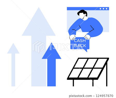 Arrows pointing upwards, a man holding a cash back sign, and solar panels demonstrate growth, financial savings, sustainability, and clean energy benefits. Ideal for renewable energy, financial Arrows pointing upwards, a man holding a cash back sign, and solar panels demonstrate growth, financial savings, sustainability, and clean energy benefits. Ideal for renewable energy, financial 124957870