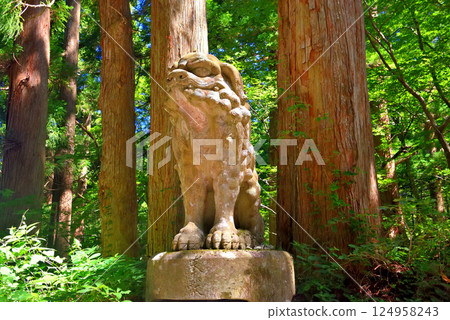 A giant lion guarding the main hall behind the rear-facing gate at Ogamiyama Shrine's inner shrine in Daisen-Oki National Park, Chugoku region, Daisen Town, Tottori Prefecture (3) 124958243
