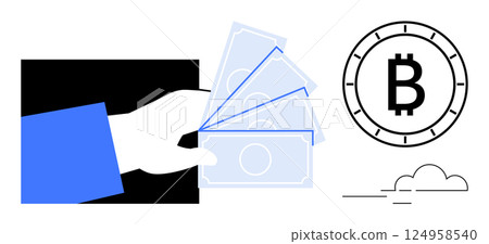 Hand holding paper money and Bitcoin symbol, representing traditional and digital currencies. Ideal for fintech, blockchain, digital finance, investment, modern transactions, banking, online payment 124958540