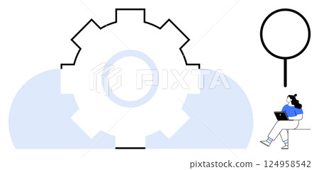 Large gear mechanism with cloud icon, magnifying glass, and person using laptop. Ideal for technology, cloud computing, software development, research, data analysis, problem-solving, user 124958542