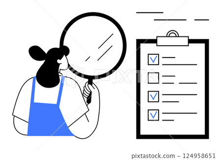 Woman holding magnifying glass over checklist highlighting inspection, analysis, and careful review. Ideal for business, auditing, quality control, productivity, task management, organization 124958651