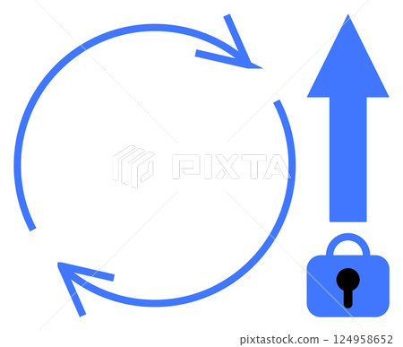 Blue circular arrows connect a lock and an upward arrow symbolizing security and progress in a simple, minimal style. Ideal for security, technology, continuous improvement, protection, growth 124958652