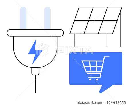 Energy plug with lightning bolt, solar panel, and shopping cart icon. Ideal for sustainable energy, e-commerce, renewable resources, eco-friendly solutions, green technology, electrical innovations 124958653