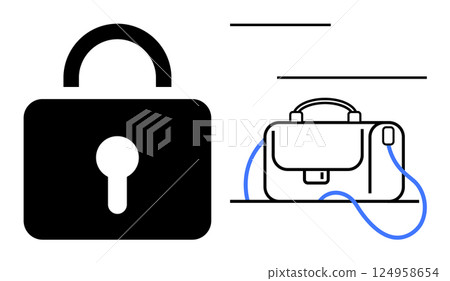 Large black padlock next to white briefcase with blue wire, lines and abstract elements. Ideal for cybersecurity, data protection, remote work, business security, privacy, secure transactions 124958654