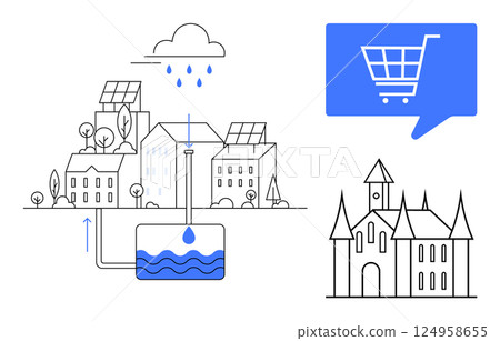 Town buildings with solar panels, rainwater harvesting system, blue shopping cart icon, and castle illustration. Ideal for sustainability, technology, e-commerce, urban planning, architecture Town buildings with solar panels, rainwater harvesting system, blue shopping cart icon, and castle illustration. Ideal for sustainability, technology, e-commerce, urban planning, architecture 124958655