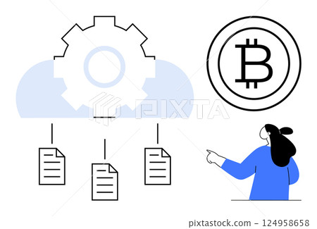 Gear and cloud symbol with connected documents demonstrates cloud computing and data management. Bitcoin icon signifies cryptocurrency. Person in blue points at elements. Ideal for technology, cloud Gear and cloud symbol with connected documents demonstrates cloud computing and data management. Bitcoin icon signifies cryptocurrency. Person in blue points at elements. Ideal for technology, cloud 124958658