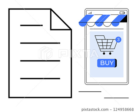 A smartphone with a shopping app open next to a piece of paper. Ideal for themes of online shopping, mobile commerce, digital marketing, e-commerce, and order management. Simple modern design A smartphone with a shopping app open next to a piece of paper. Ideal for themes of online shopping, mobile commerce, digital marketing, e-commerce, and order management. Simple modern design 124958668