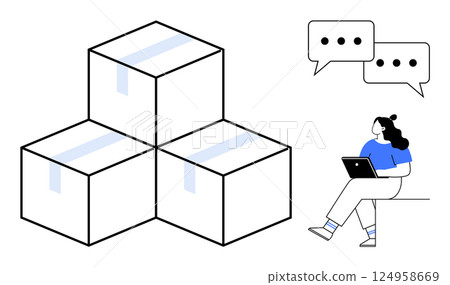 Woman holding laptop seated next to three stacked boxes with tape and speech bubbles. Ideal for logistics, online shopping, e-commerce, customer support, delivery services, work from home Woman holding laptop seated next to three stacked boxes with tape and speech bubbles. Ideal for logistics, online shopping, e-commerce, customer support, delivery services, work from home 124958669