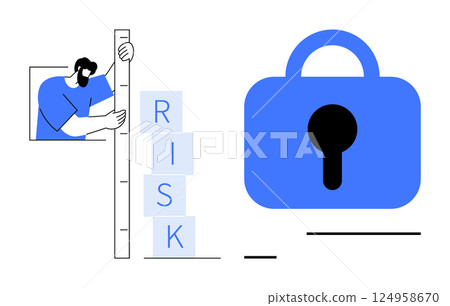 Person measures tower of RISK blocks beside blue lock. Ideal for risk management, security, protection, data privacy, safety planning. Minimalist vector style Person measures tower of RISK blocks beside blue lock. Ideal for risk management, security, protection, data privacy, safety planning. Minimalist vector style 124958670