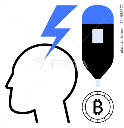 Human head silhouette with lightning bolt, digital device, and Bitcoin symbol. Ideal for technology, digital currency, fintech, innovation, blockchain, conceptual art, and digital payments themes Human head silhouette with lightning bolt, digital device, and Bitcoin symbol. Ideal for technology, digital currency, fintech, innovation, blockchain, conceptual art, and digital payments themes 124958673