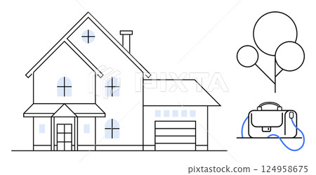 Modern suburban house with multiple windows and garage, front garden with trees, and a backpack. Ideal for real estate, architecture, homeownership, urban planning, travel, minimalistic design 124958675