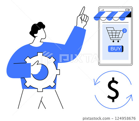A person holding a gear points to a smartphone with an online shopping app, emphasizing buying with a shopping cart icon on screen. Includes Dollar symbol with arrows. Ideal for e-commerce A person holding a gear points to a smartphone with an online shopping app, emphasizing buying with a shopping cart icon on screen. Includes Dollar symbol with arrows. Ideal for e-commerce 124958676
