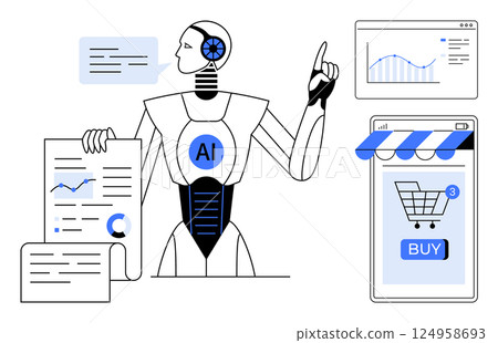 A robot with AI symbol holding and pointing at charts. Online shopping page with buy button. Graphical data and analytics. Ideal for AI, technology, e-commerce, data analysis, online shopping. Flat 124958693
