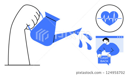 Hand pouring water with icons of heart rate and cashback. Ideal for finance, health, growth, business development, and investment themes. Minimalistic, modern, clean style. Blue and white colors 124958702