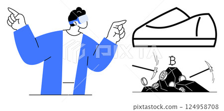 A person with a VR headset gestures, pointing toward a shoe and a pile of cryptocurrency coins being mined. Ideal for VR, cryptocurrency, blockchain, digital innovation, fintech, technology 124958708