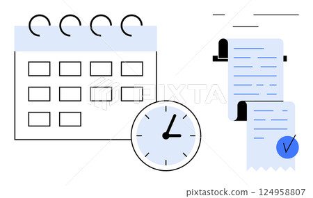 Calendar with several blank dates, an analog clock showing time, and receipts or invoices with checklist marks. Suitable for discussing time management, planning, scheduling, organization Calendar with several blank dates, an analog clock showing time, and receipts or invoices with checklist marks. Suitable for discussing time management, planning, scheduling, organization 124958807