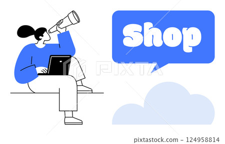 Person holding telescope and using laptop, with a blue speech bubble containing the word Shop and a cloud below. Ideal for online shopping, e-commerce, business marketing, digital strategy, customer 124958814