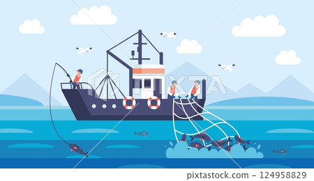 Fishing on vessel boat. Cartoon fishing ship with sailors. Sea fishing industry works. Fishermen catching marine food with net on ocean. Commercial fisher vessels. Vector illustration 124958829