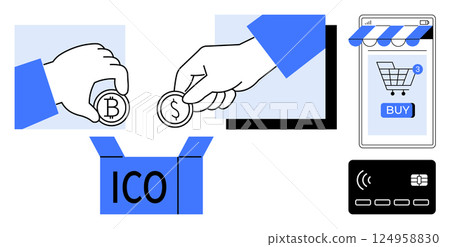 Hands place cryptocurrency coins into an ICO box. A mobile screen depicts an online shopping cart with a buy button, and a credit card is nearby. Ideal for cryptocurrency, e-commerce, ICOs, online 124958830