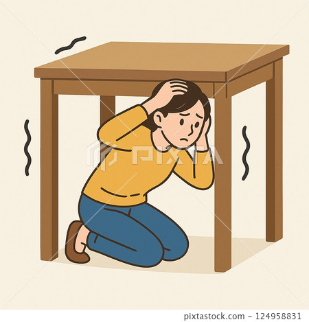 Disaster prevention pose of a woman to protect herself in case of an earthquake (protecting her head under a desk) 124958831