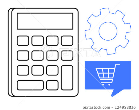 Calculator, large gear, and shopping cart inside a speech bubble. Ideal for business calculations, e-commerce, financial planning, technical support, process optimization, online shopping 124958836