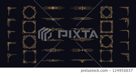 Art deco border. Modern geometric line frame. Vintage 1920s style line gold ornaments. Retro decorative 1930s dividers, frames, labels, borders. Luxury classic elegance vector set 124958837