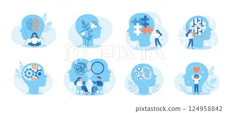 Mental health therapy. Psychological care, help mental illness. Health counseling patient. Psychology healthy person recovery, psychotherapy practice, medical therapies. Vector concept 124958842