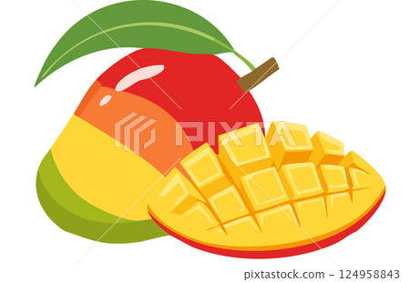 Fresh ripe mango fruit with cut cubes and slices isolated on white background. Tropical fruit concept for summer, healthy food, and exotic nutrition illustration. Fresh ripe mango fruit with cut cubes and slices isolated on white background. Tropical fruit concept for summer, healthy food, and exotic nutrition illustration. 124958843