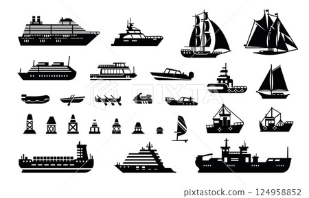 Water transport. Black silhouette ships and boats. Various industrial vessels, logistic shipping, sea transportation. Fishing, sail boating symbols. Ships icons. Vector collection Water transport. Black silhouette ships and boats. Various industrial vessels, logistic shipping, sea transportation. Fishing, sail boating symbols. Ships icons. Vector collection 124958852