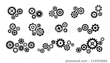 Gear wheel concept. Gears mechanism. Flat machinery technology composition with cogwheel symbols for teamwork and workflow concepts. Engine technical rotation. Vector set Gear wheel concept. Gears mechanism. Flat machinery technology composition with cogwheel symbols for teamwork and workflow concepts. Engine technical rotation. Vector set 124958860