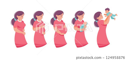 Pregnancy stages. Pregnant development. Cartoon calendar concept with changes in pregnant woman body. Woman with different belly size and birth newborn. Vector illustration Pregnancy stages. Pregnant development. Cartoon calendar concept with changes in pregnant woman body. Woman with different belly size and birth newborn. Vector illustration 124958876