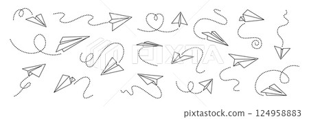Paper airplane. Lines flying plane. Origami aircraft paper planes in different position, direction dashed lines. Flight folded plane, child toy. Travel, message vector concept set 124958883