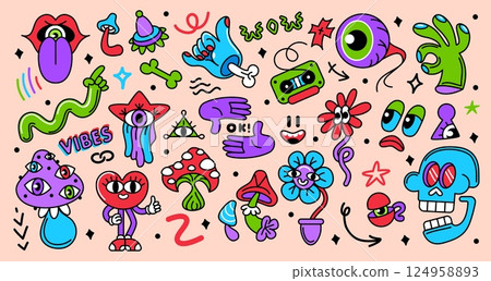 Psychedelic stickers. Abstract cartoon surreal characters and elements. Funky emoji, hallucination mushrooms, weird eyes and hands, heart, flowers. Groovy vector collection 124958893
