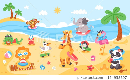 Funny animals on beach. Cute animal character on summer holiday near sea. Mammal and bird relaxing, swimming, sunbathing. Season vacation banner. Vector fauna poster Funny animals on beach. Cute animal character on summer holiday near sea. Mammal and bird relaxing, swimming, sunbathing. Season vacation banner. Vector fauna poster 124958897