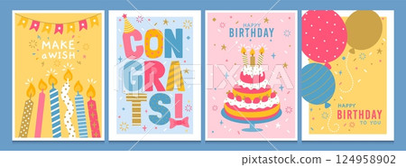 Birthday greeting cards. Cartoon happy h-bday invitation card with balloon, cake, candles, confetti, garland and typography. Vector templates set with birthday text 124958902