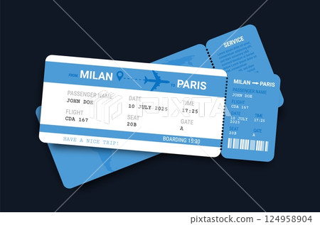 Airline tickets. Two boarding passes. Plane ticket template. Blue design boarding document with passenger and flight information blank. Trip, travel, journey pass. Vector concept 124958904