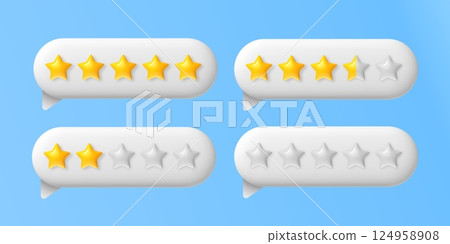 3d rating stars. Speech bubble with 5 golden and white star. Feedback box with good and bad review. Customer positive and negative rate. Client evaluation. Realistic vector concept 124958908