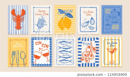 Hand drawn food posters. Doodle Mediterranean cuisine with text quote. Template La Dolce Vita style with seafood, vegetable, pasta, drink for cafe social media. Vector set 124958909