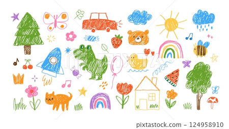 Kids drawing. Doodle simple child illustration. Hand drawn children pencil elements. Sketch chalk flower, sun, cloud, rainbow, animals. Naive crayon print. Vector set 124958910