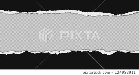 Torn paper banner. Black ripped sheet pieces. Horizontal background with shadow, rough, textured edges, effect. Minimalist design for text overlays. Vector template 124958911