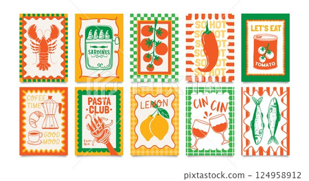 Food posters. Abstract kitchen card. Dolce Vita culinary composition with pasta, lobster, sardine, coffee in decorative frame. Italian cuisine banner for cafe. Vector set 124958912