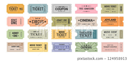 Vintage tickets. Retro admission pass. Admit One label for theater, circus, cinema, movie, concert music. Antique rectangular, rounded, perforated event ticket coupon. Vector set 124958913