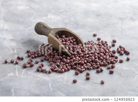 Scoop full of dried azuki beans on gray closeup. East Asian legumes, vegetarian protein source 124958923